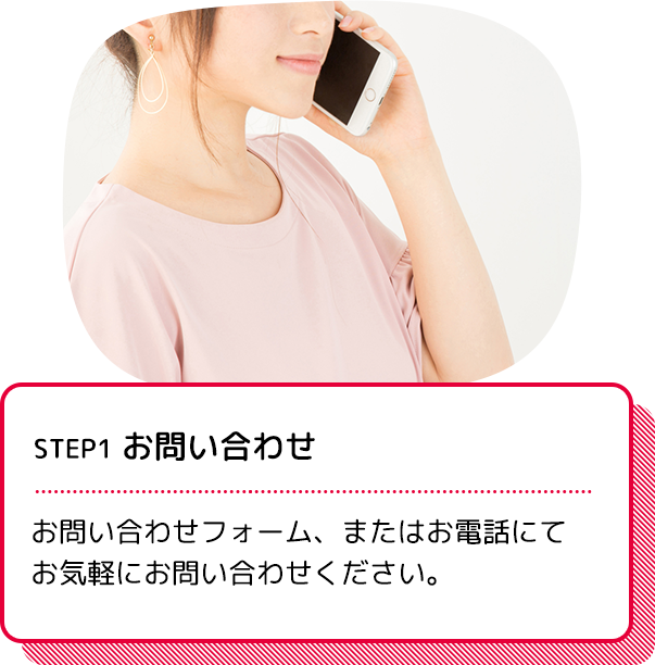 STEP1 お問い合わせ：お問い合わせフォーム、またはお電話でお気軽にお問い合わせください。