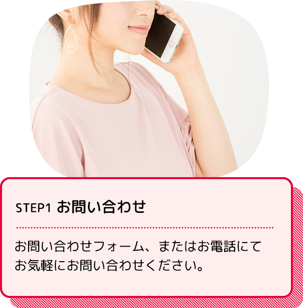 STEP1 お問い合わせ：お問い合わせフォーム、またはお電話でお気軽にお問い合わせください。